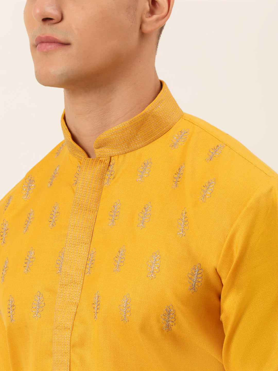 Men's Cotton Embroidered Kurta Pajama Sets ( JOKP 656 Mustard )