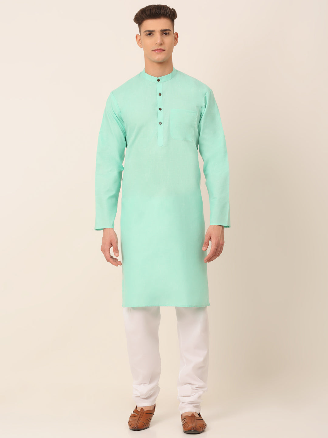 Men's Cotton Solid Kurta Pajama Sets ( JOKP 657Green )