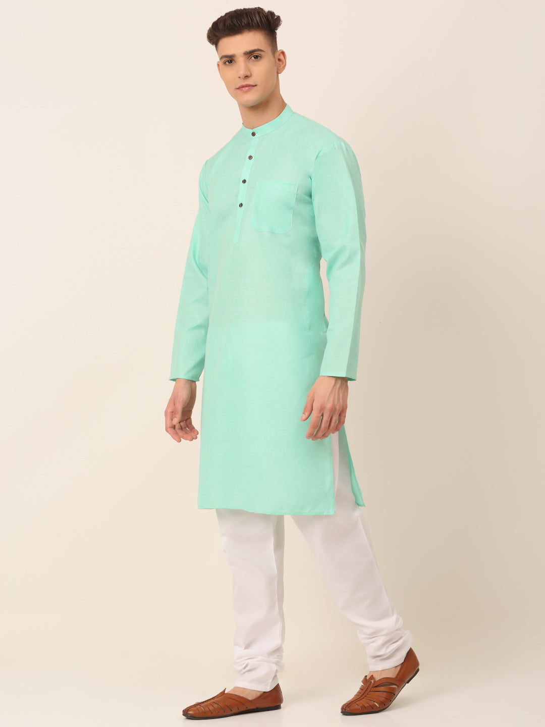 Men's Cotton Solid Kurta Pajama Sets ( JOKP 657Green )