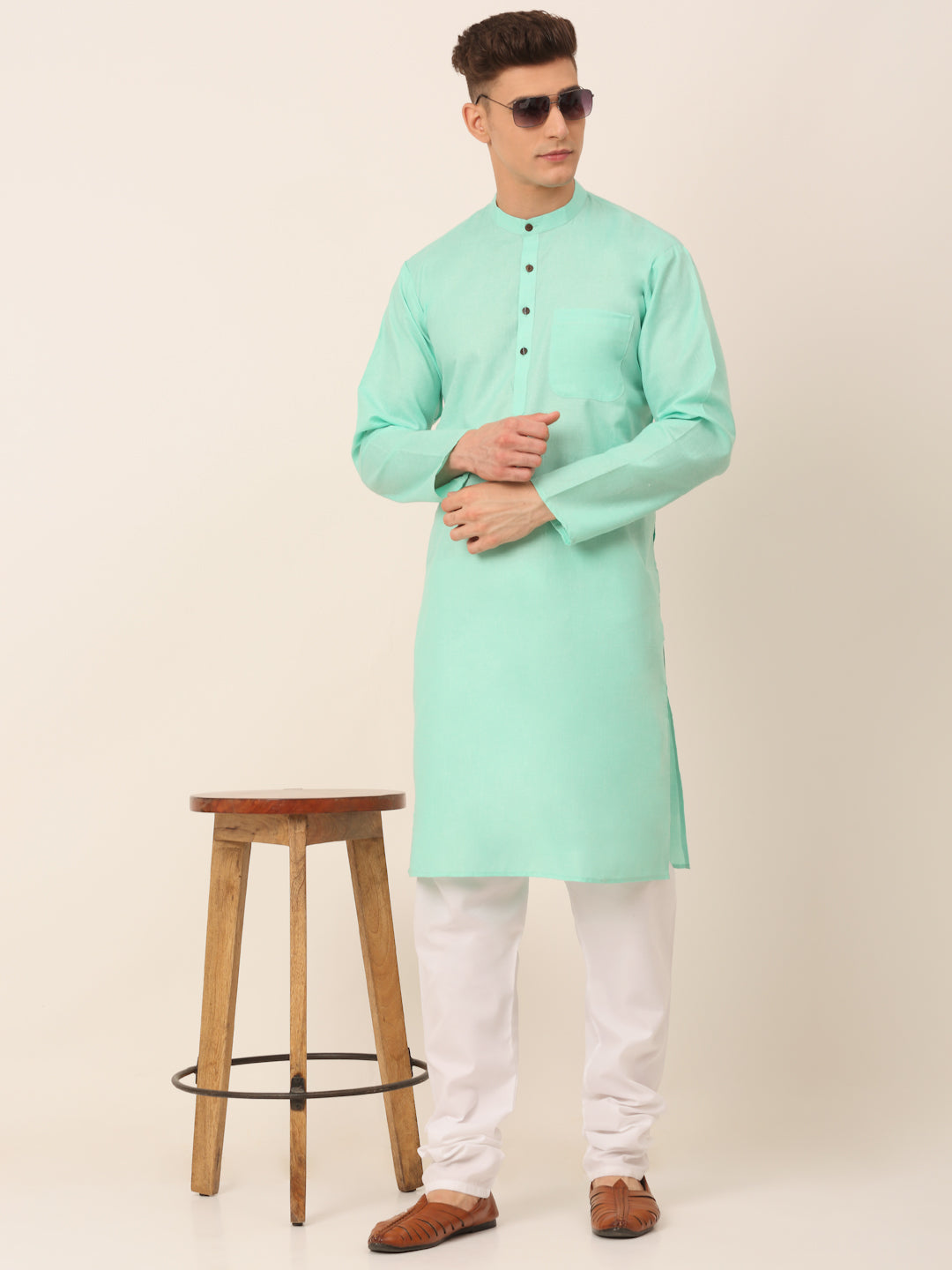 Men's Cotton Solid Kurta Pajama Sets ( JOKP 657Green )