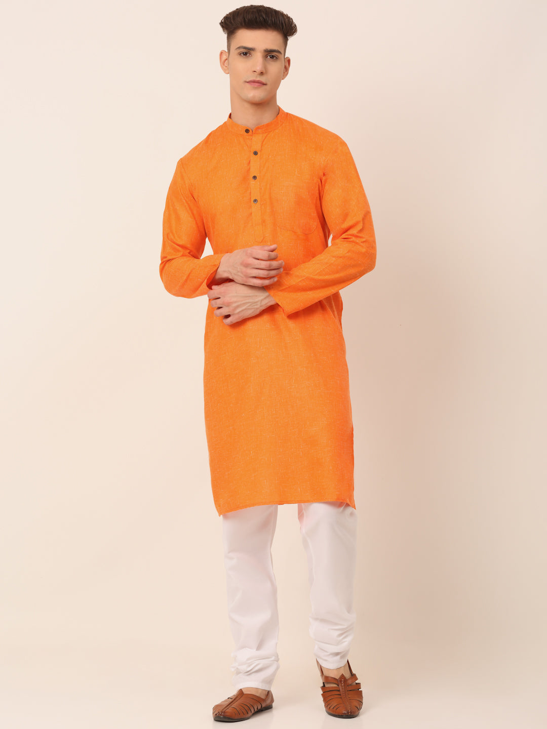 Men's Cotton Solid Kurta Pajama Sets ( JOKP 657Orange )