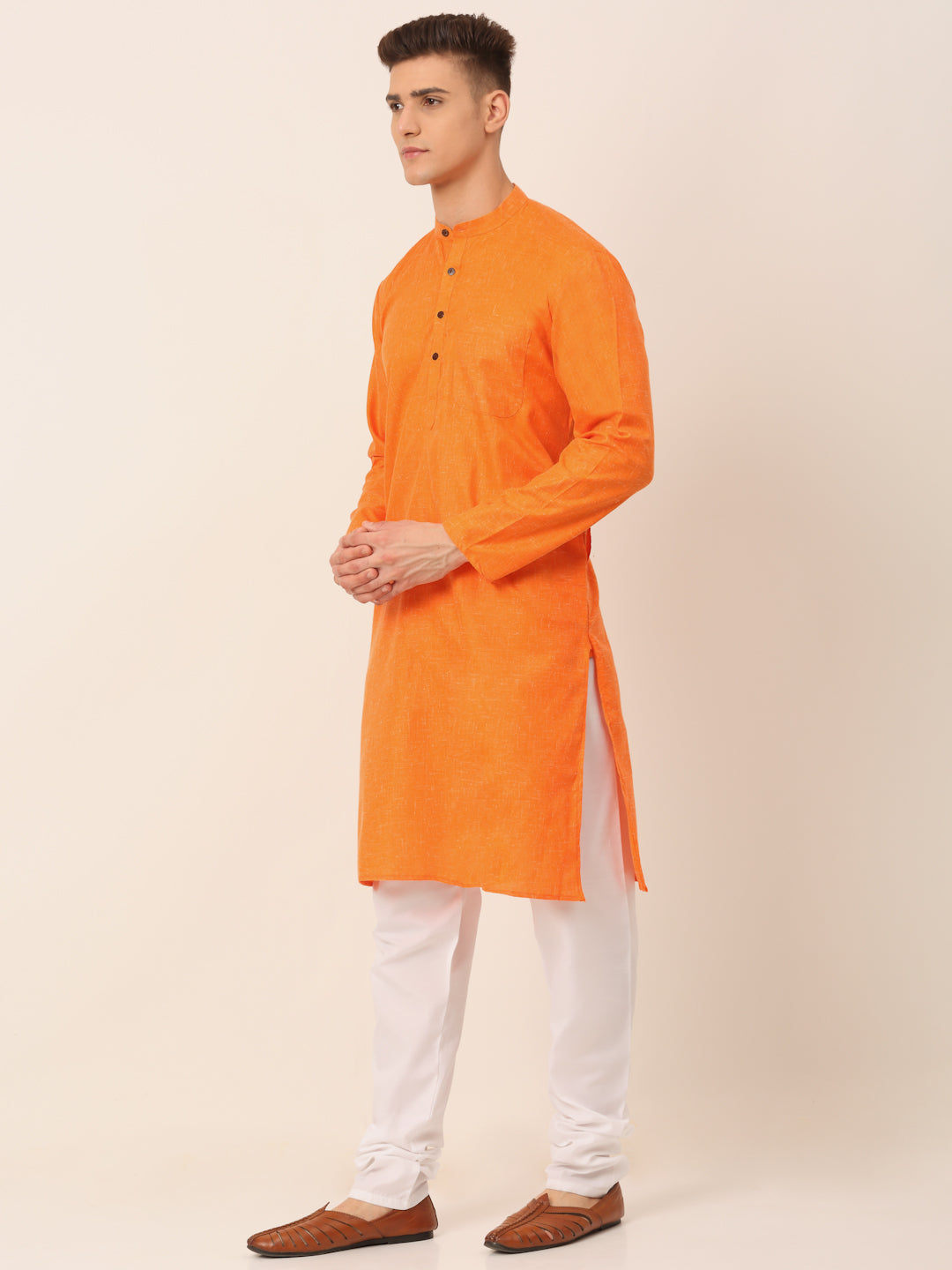 Men's Cotton Solid Kurta Pajama Sets ( JOKP 657Orange )