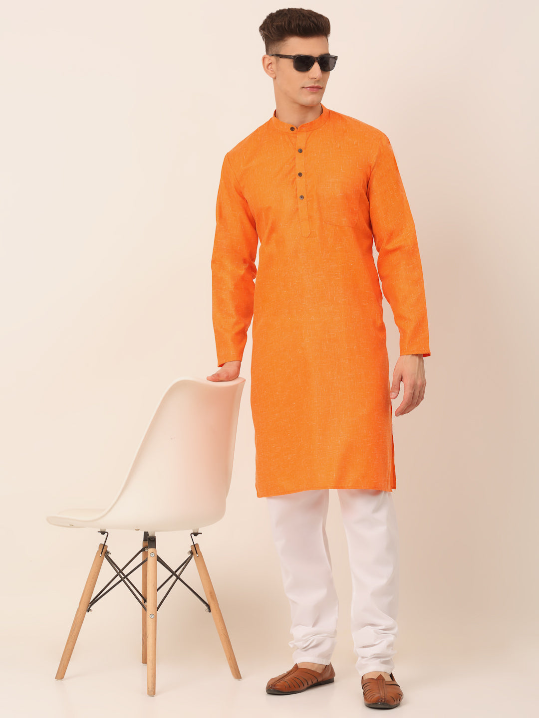 Men's Cotton Solid Kurta Pajama Sets ( JOKP 657Orange )