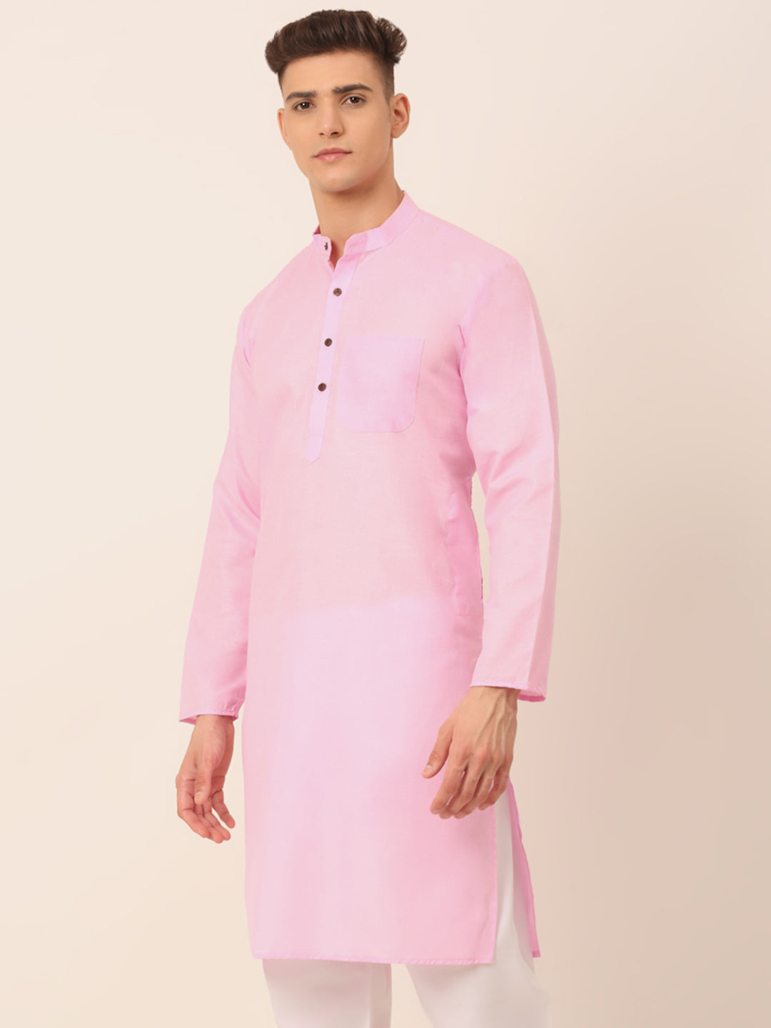 Men's Cotton Solid Kurta ( KO 657Pink )