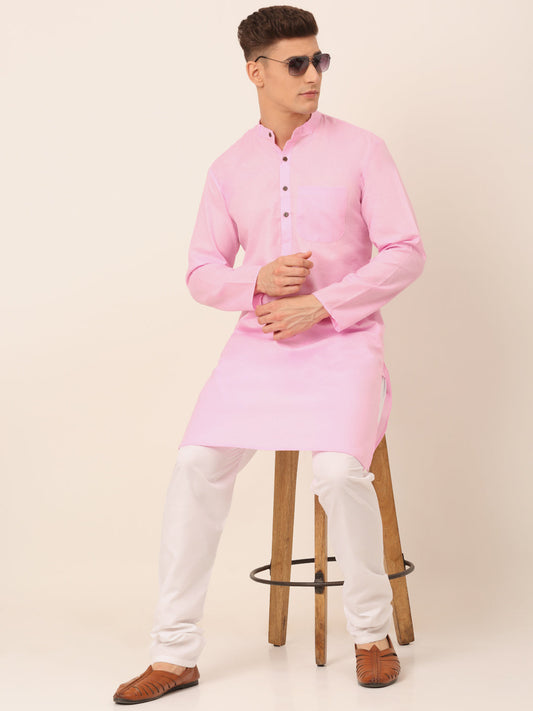 Men's Cotton Solid Kurta Pajama Sets ( JOKP 657Pink )
