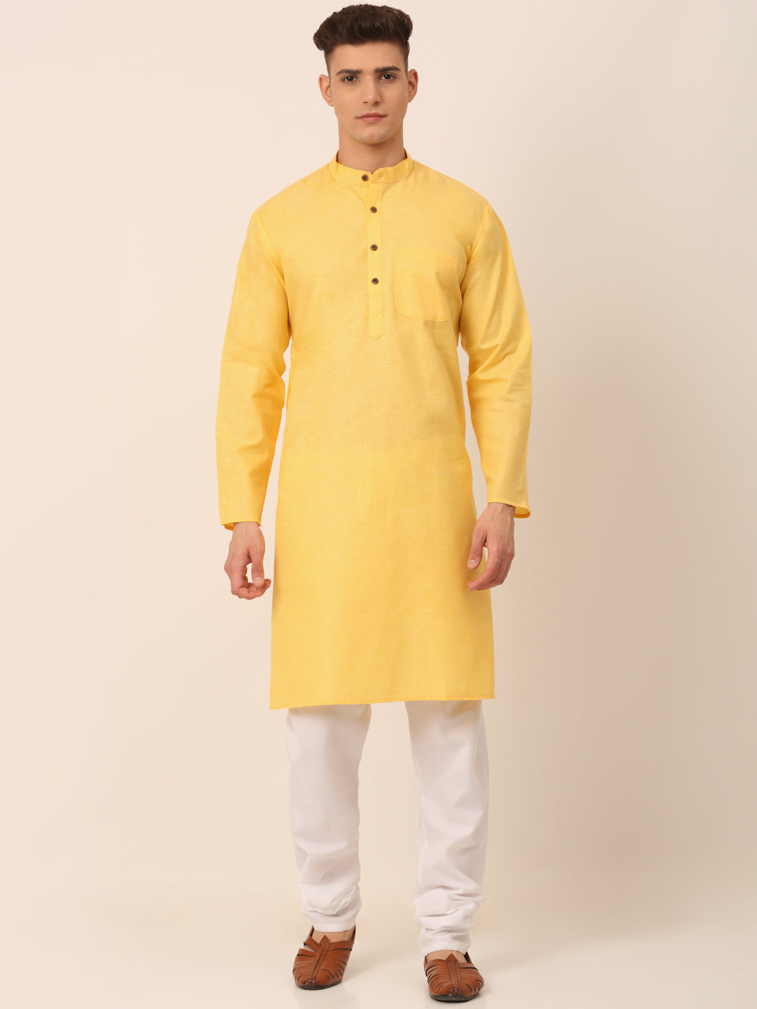 Men's Cotton Solid Kurta Pajama Sets ( JOKP 657Yellow )