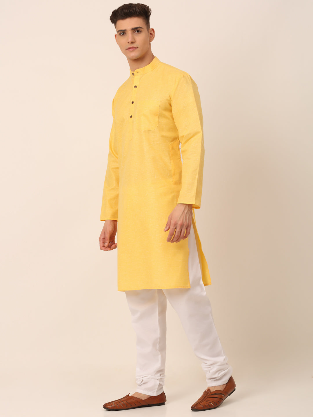 Men's Cotton Solid Kurta Pajama Sets ( JOKP 657Yellow )