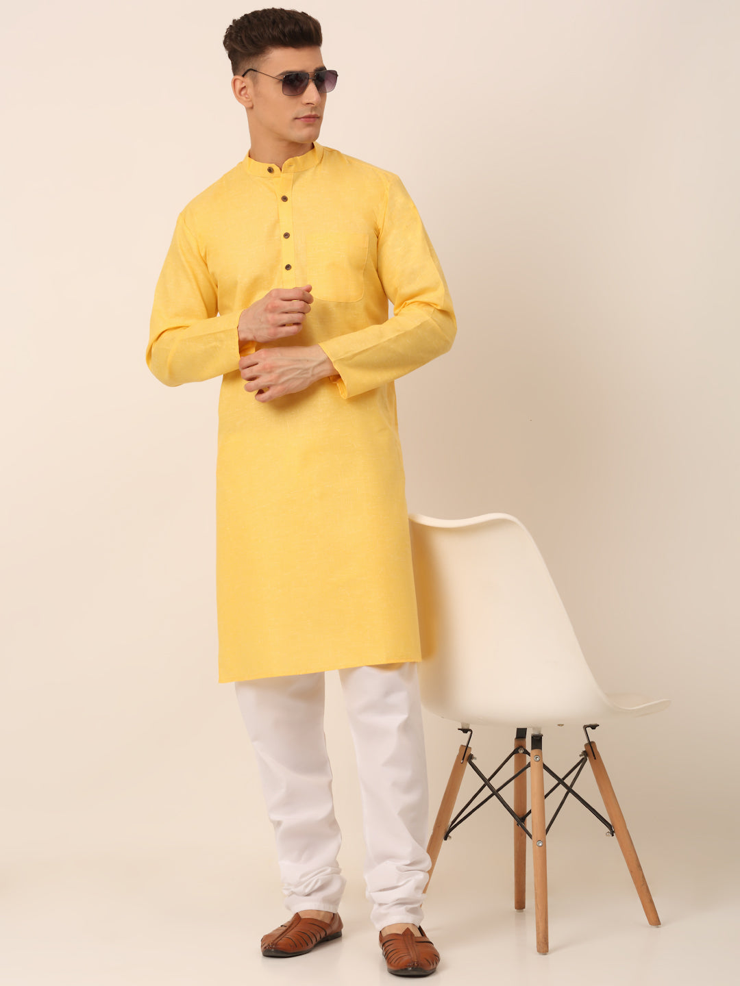 Men's Cotton Solid Kurta Pajama Sets ( JOKP 657Yellow )