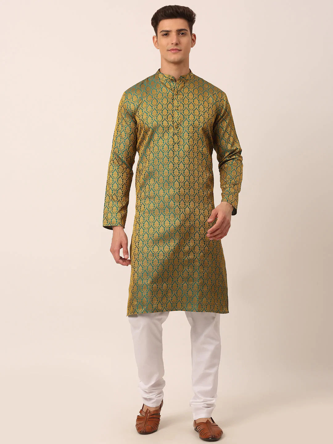 Men's Woven Design Jacquard Kurta Pyjama ( JOKP 658 Green )