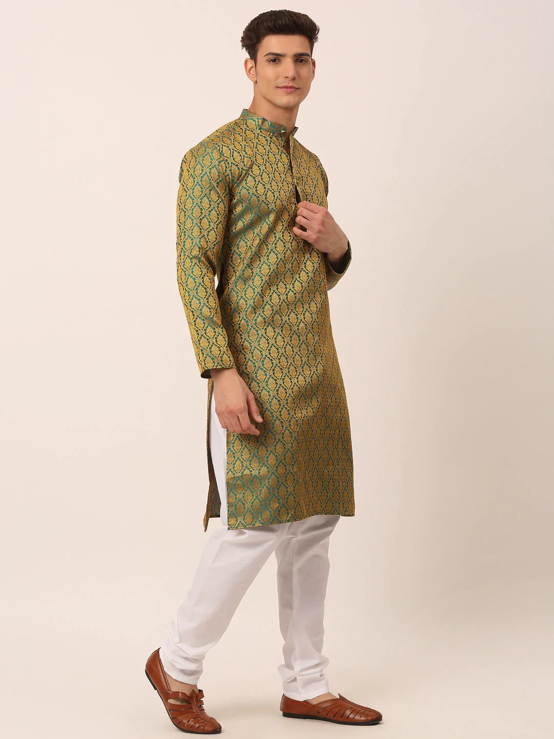 Men's Woven Design Jacquard Kurta Pyjama ( JOKP 658 Green )