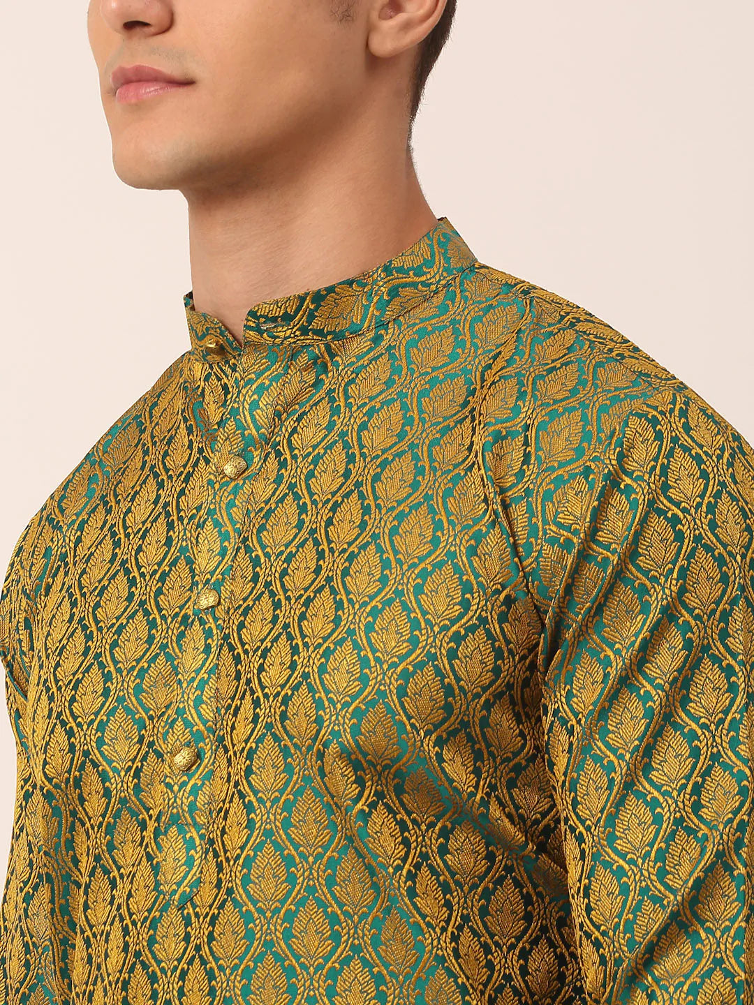 Men's Woven Design Jacquard Kurta Pyjama ( JOKP 658 Green )