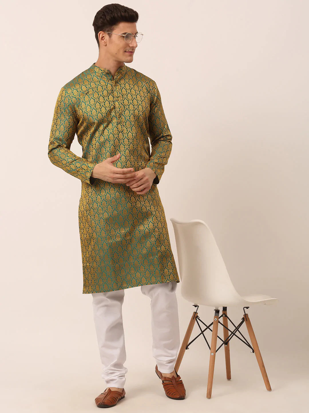 Men's Woven Design Jacquard Kurta Pyjama ( JOKP 658 Green )