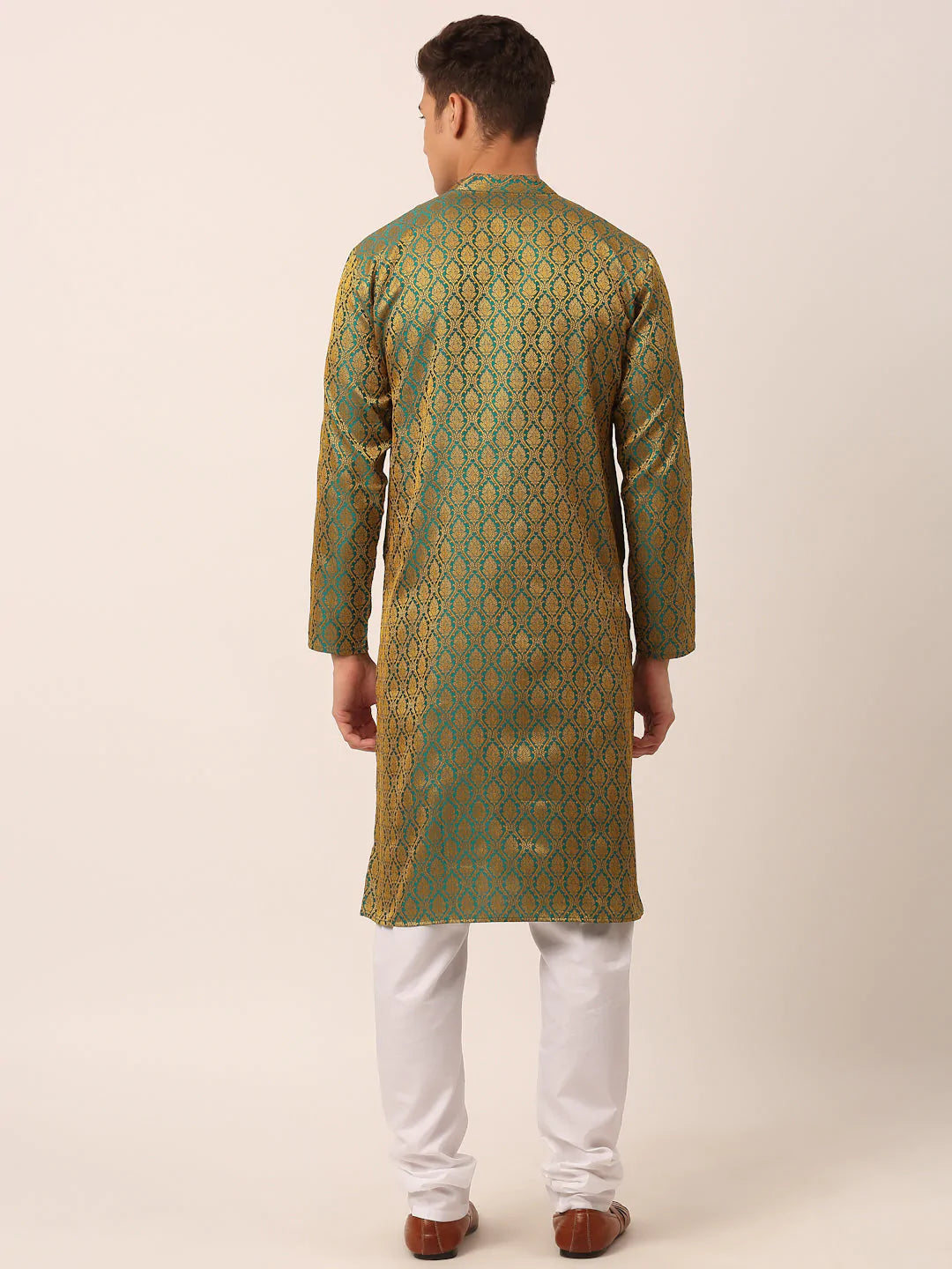 Men's Woven Design Jacquard Kurta Pyjama ( JOKP 658 Green )