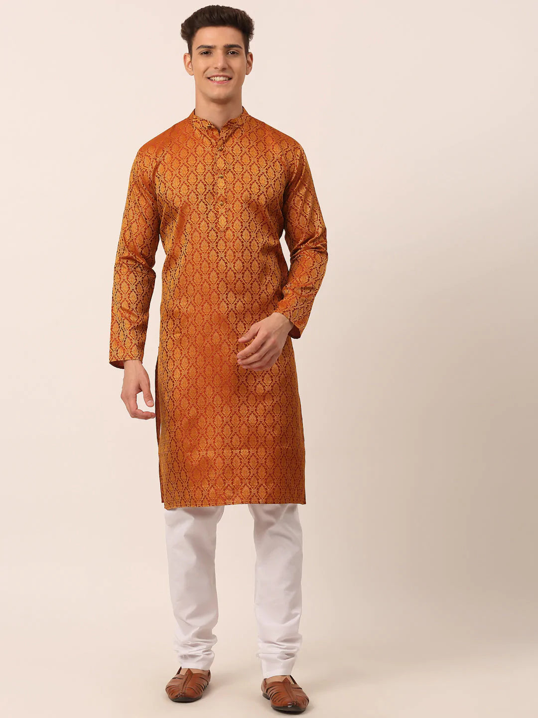 Men's Woven Design Jacquard Kurta Pyjama ( JOKP 658 Maroon )