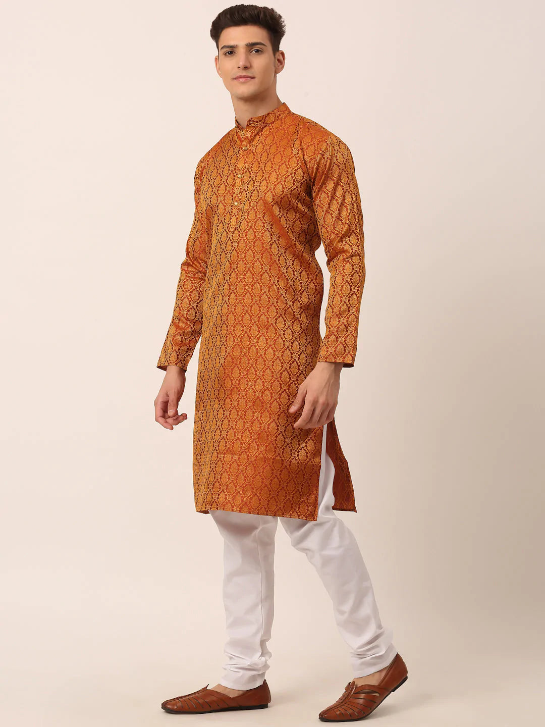 Men's Woven Design Jacquard Kurta Pyjama ( JOKP 658 Maroon )