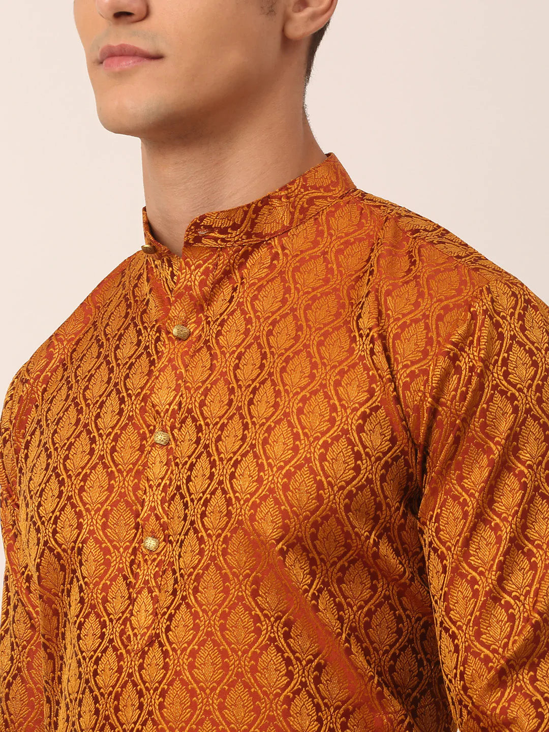 Men's Woven Design Jacquard Kurta Pyjama ( JOKP 658 Maroon )