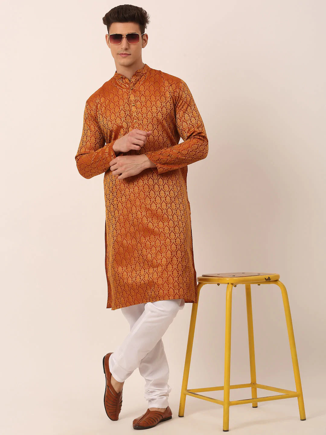 Men's Woven Design Jacquard Kurta Pyjama ( JOKP 658 Maroon )