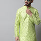 Men Lime Green Embroidered Mirror Work Dupion Silk Kurta with Pyjamas ( JOKP 659Lime )