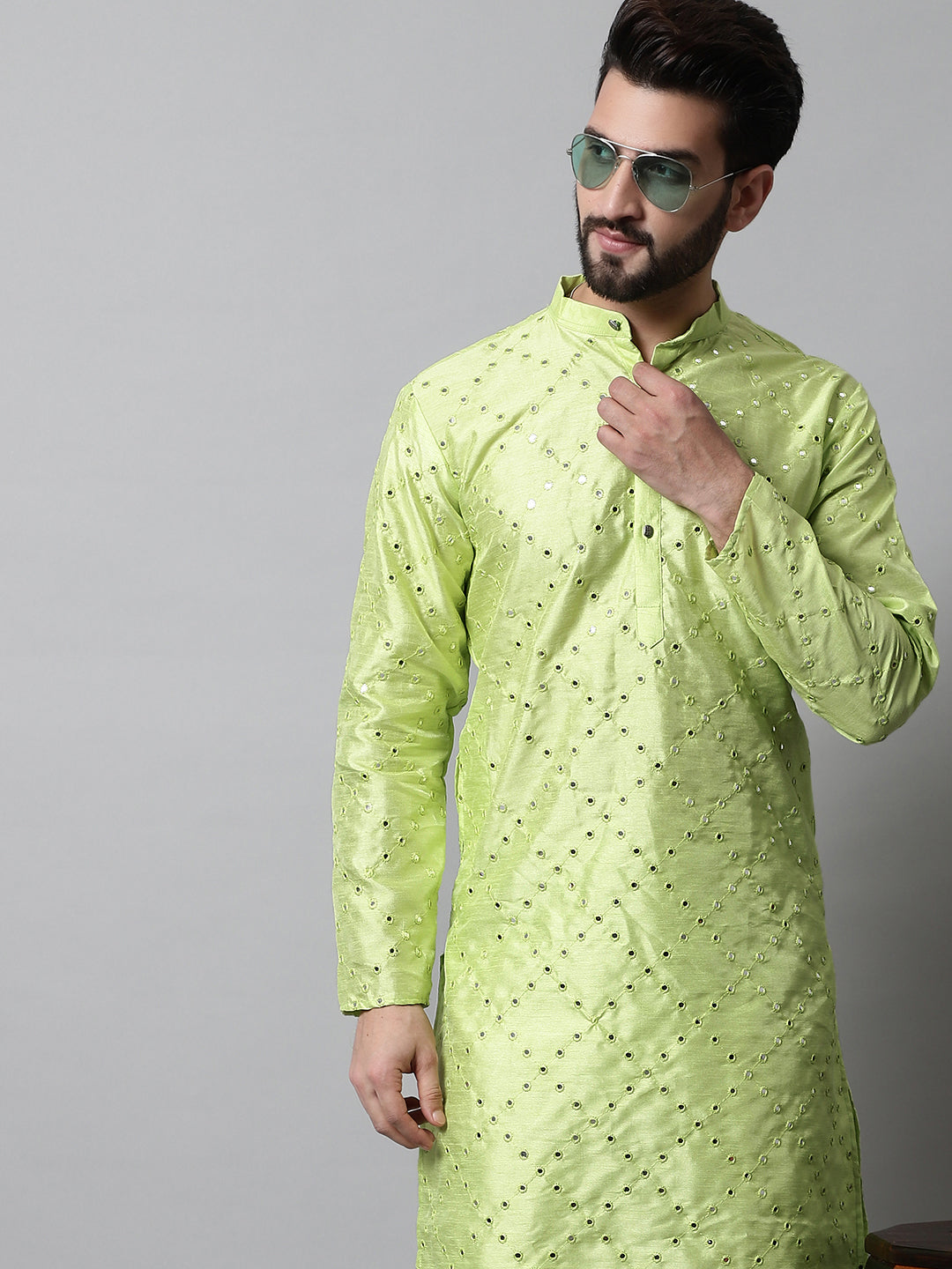 Men Lime Green Embroidered Mirror Work Dupion Silk Kurta with Pyjamas ( JOKP 659Lime )