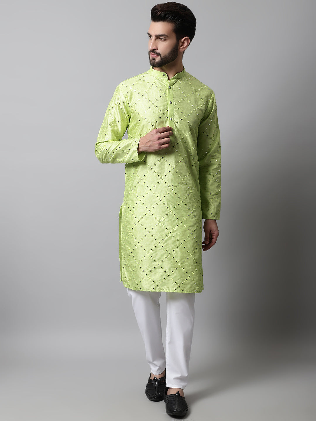 Men Lime Green Embroidered Mirror Work Dupion Silk Kurta with Pyjamas ( JOKP 659Lime )