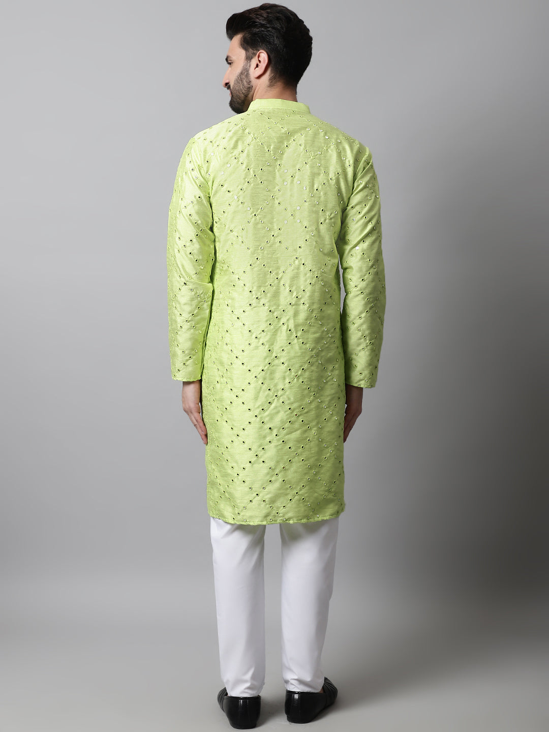 Men Lime Green Embroidered Mirror Work Dupion Silk Kurta with Pyjamas ( JOKP 659Lime )