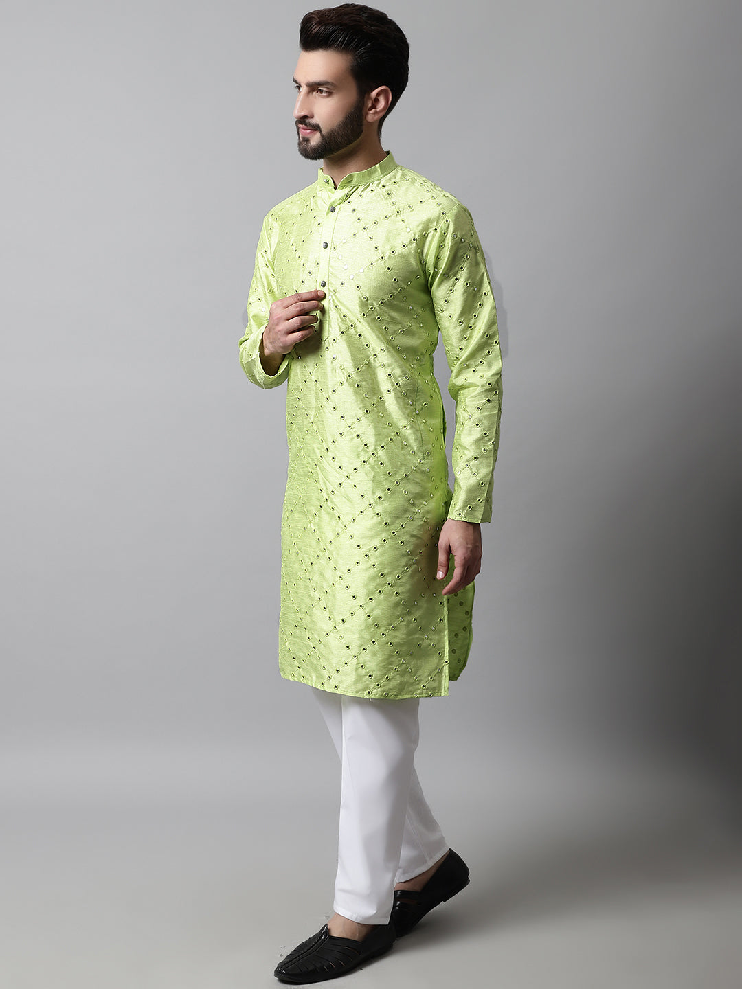 Men Lime Green Embroidered Mirror Work Dupion Silk Kurta with Pyjamas ( JOKP 659Lime )