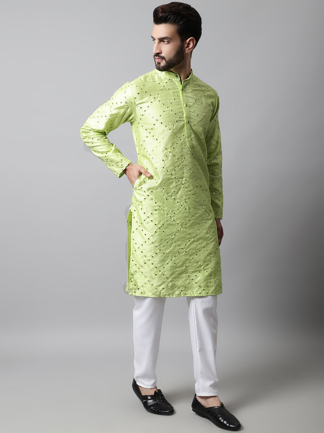 Men Lime Green Embroidered Mirror Work Dupion Silk Kurta with Pyjamas ( JOKP 659Lime )