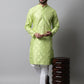 Men Lime Green Embroidered Mirror Work Dupion Silk Kurta with Pyjamas ( JOKP 659Lime )