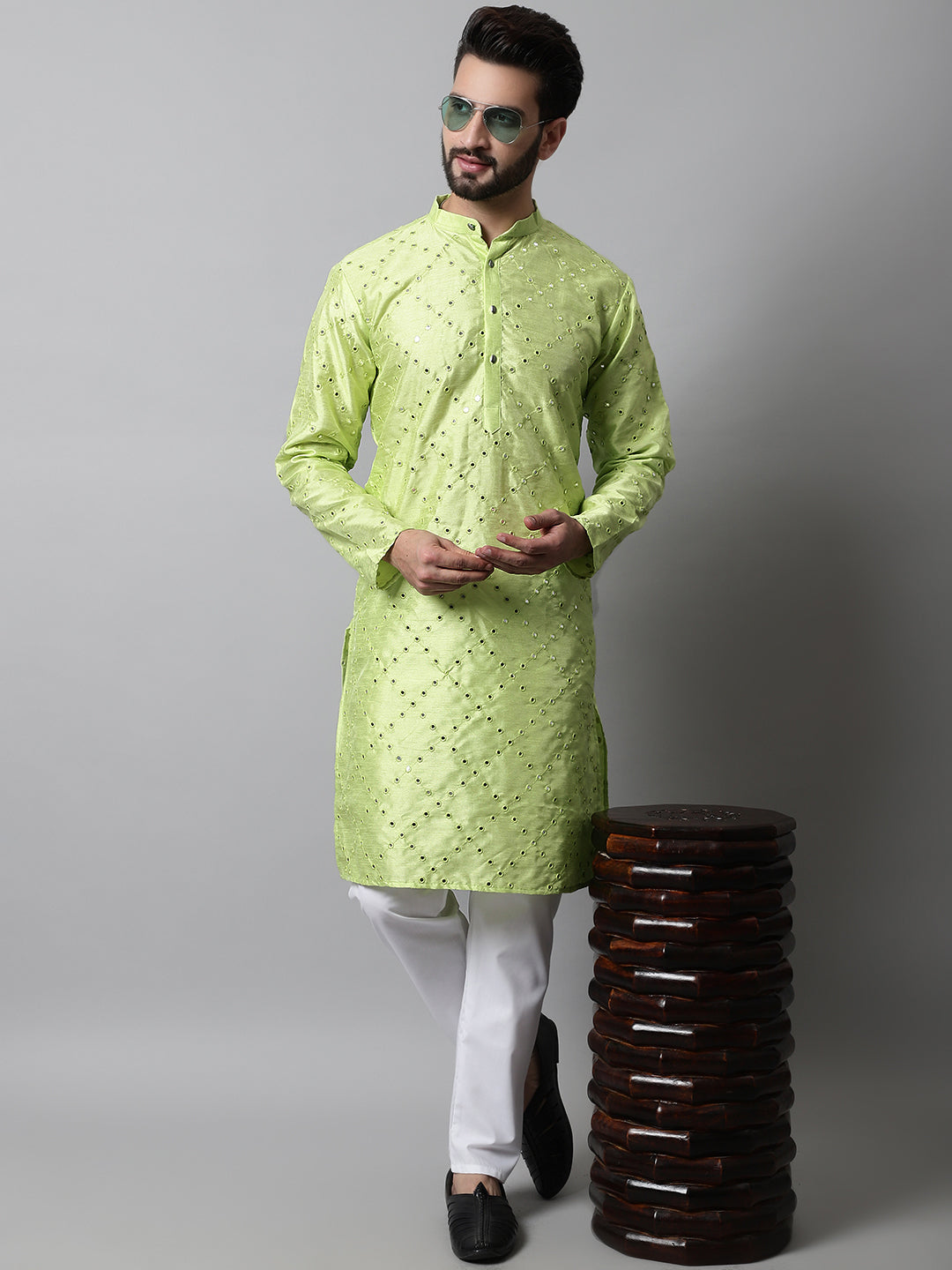 Men Lime Green Embroidered Mirror Work Dupion Silk Kurta with Pyjamas ( JOKP 659Lime )