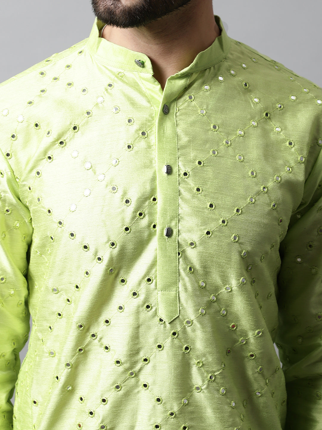 Men Lime Green Embroidered Mirror Work Dupion Silk Kurta with Pyjamas ( JOKP 659Lime )