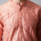 Men Peach Embroidered Mirror Work Dupion Silk Kurta with Pyjamas ( JOKP 659Peach )