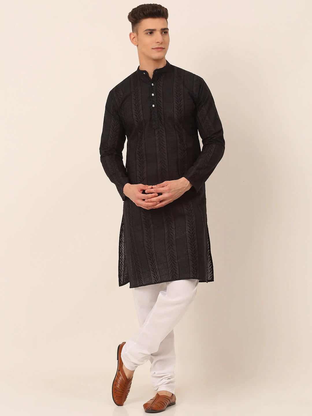 Men's Pure Cottom Embroidered Kurta Pyjama Set ( JOKP 660 Black )