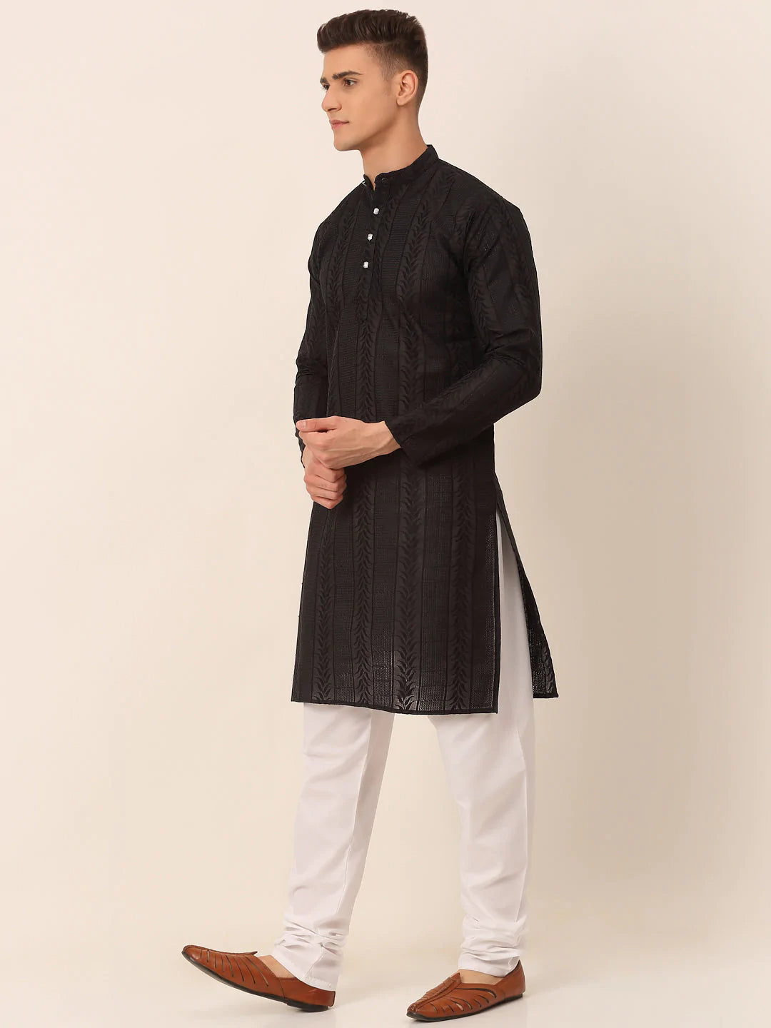 Men's Pure Cottom Embroidered Kurta Pyjama Set ( JOKP 660 Black )