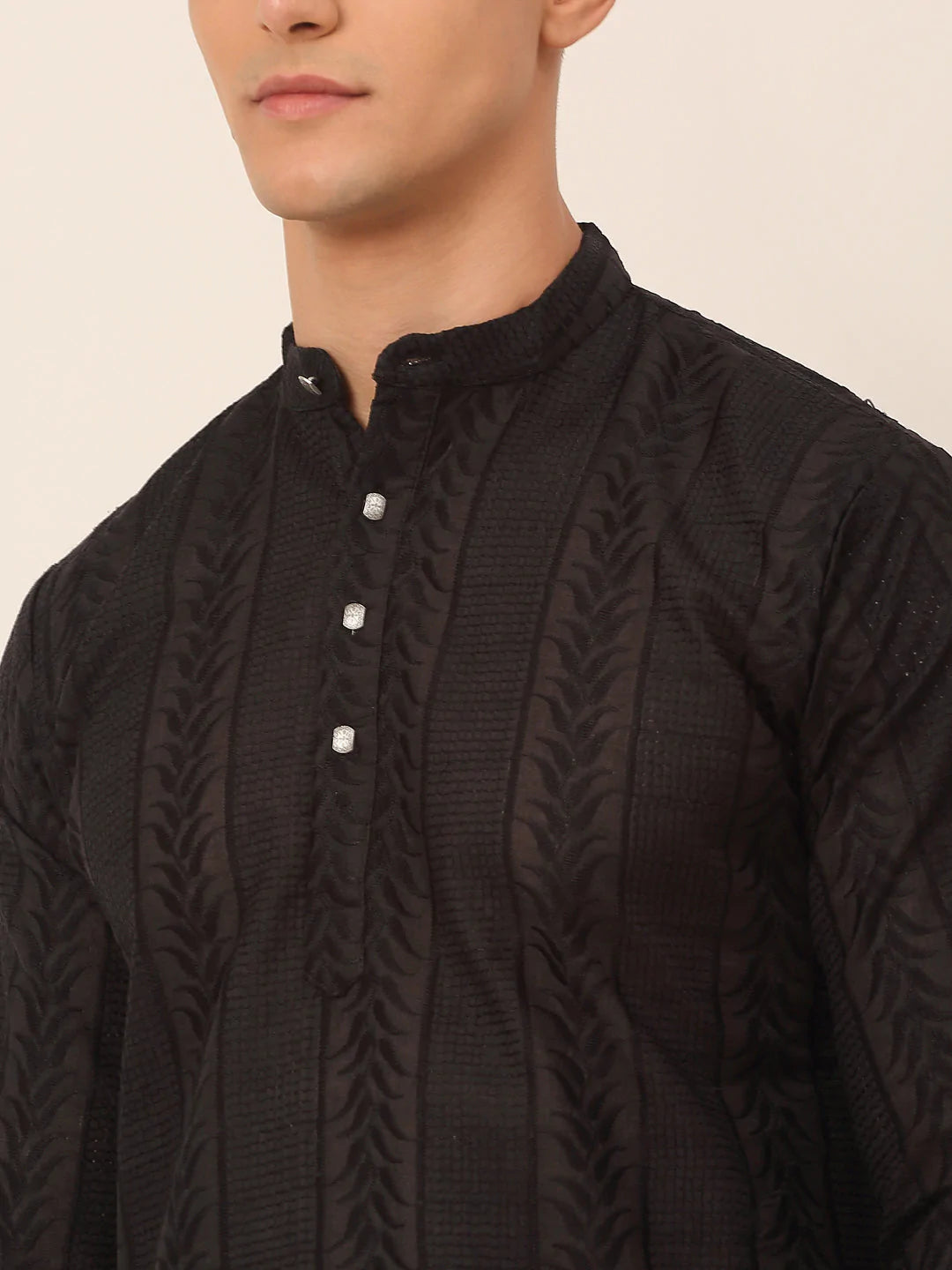 Men's Pure Cottom Embroidered Kurta Pyjama Set ( JOKP 660 Black )