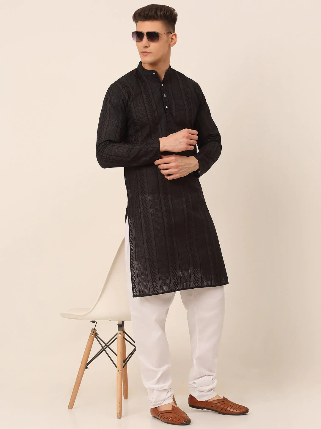 Men's Pure Cottom Embroidered Kurta Pyjama Set ( JOKP 660 Black )