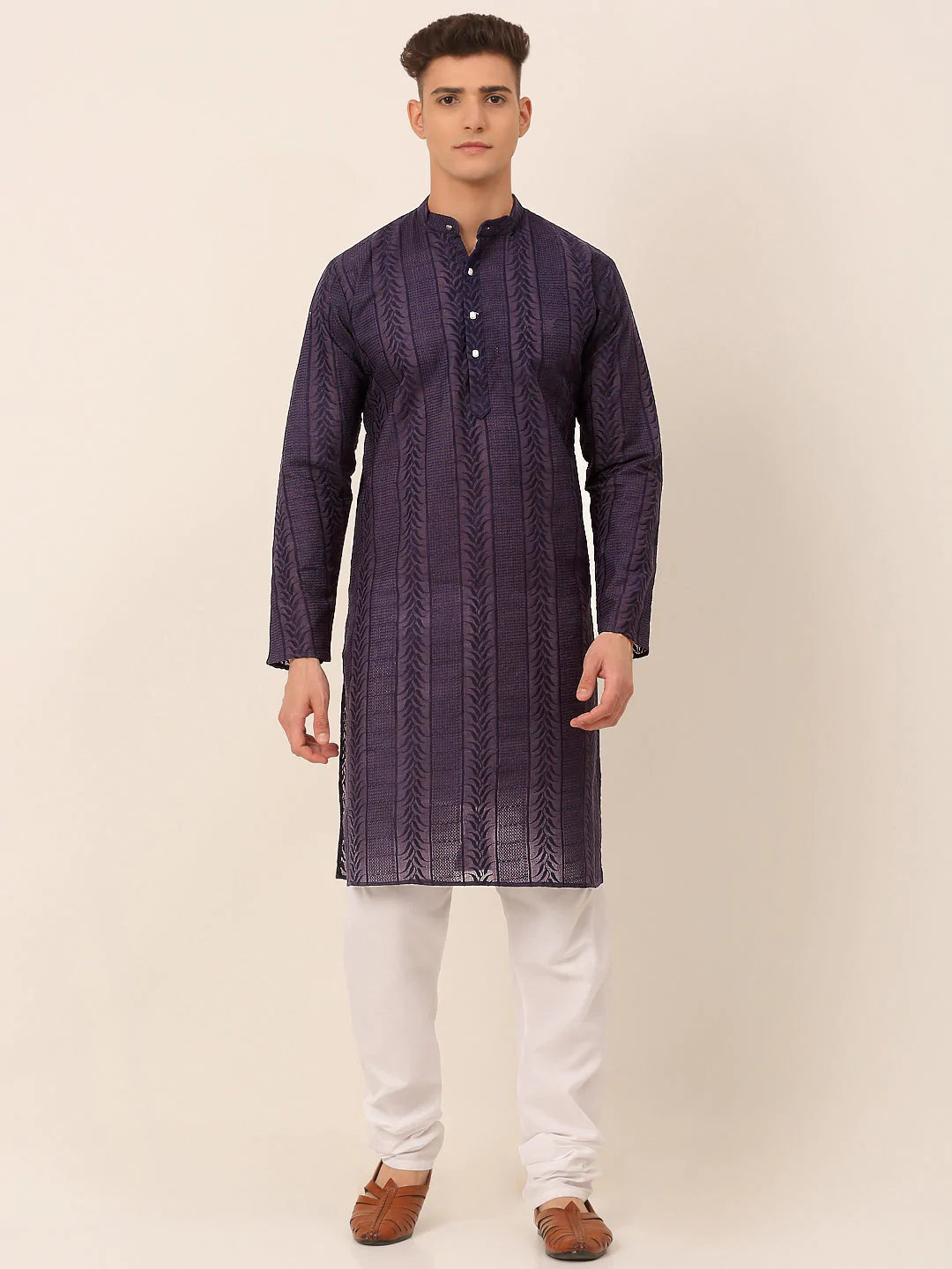 Men's Pure Cottom Embroidered Kurta Pyjama Set ( JOKP 660 Navy )