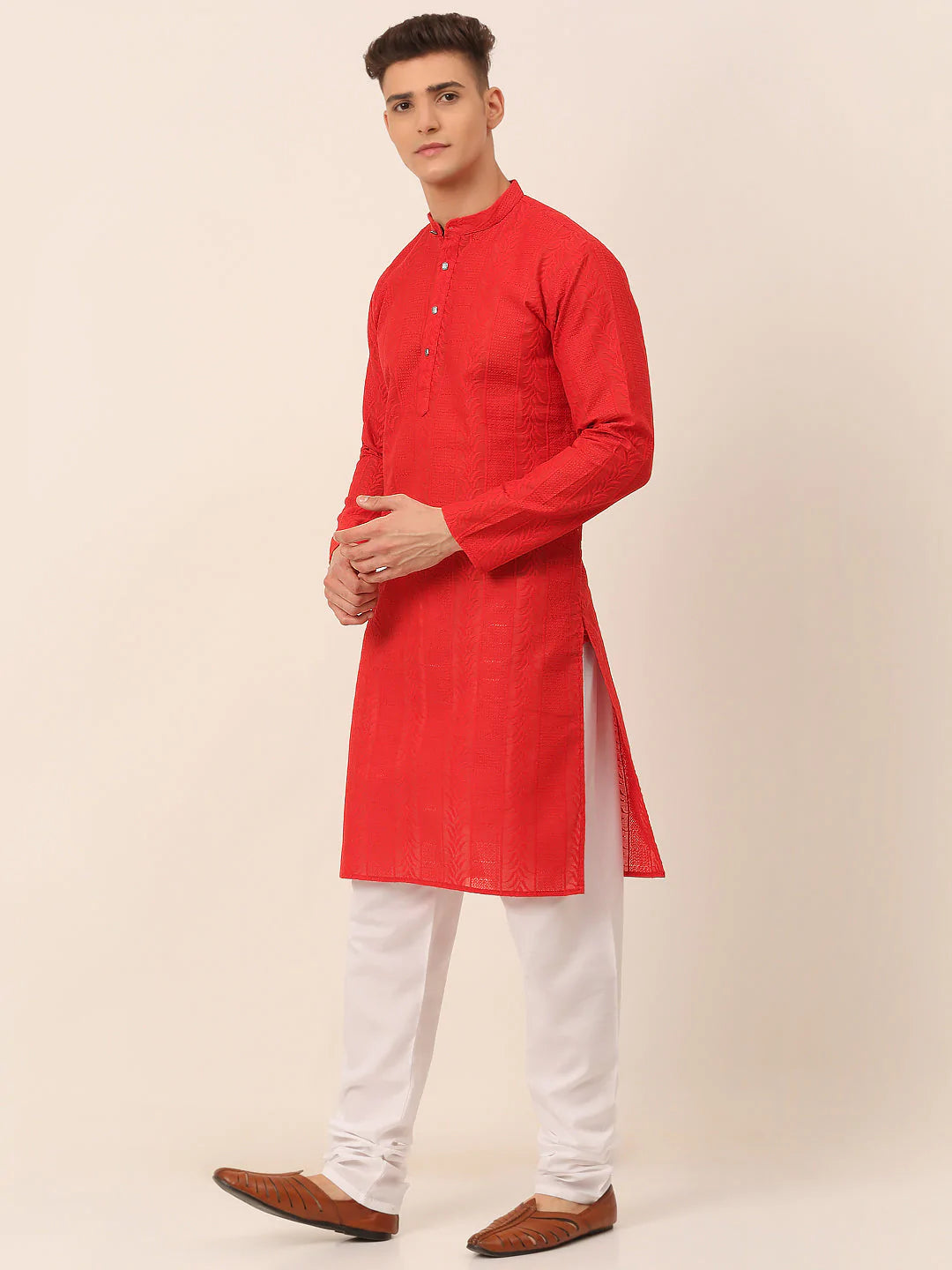 Men's Pure Cottom Embroidered Kurta Pyjama Set ( JOKP 660 Red )