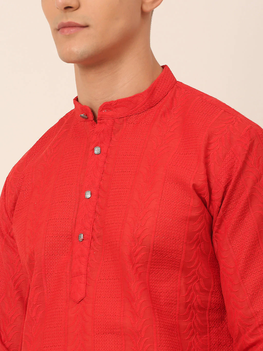 Men's Pure Cottom Embroidered Kurta Pyjama Set ( JOKP 660 Red )