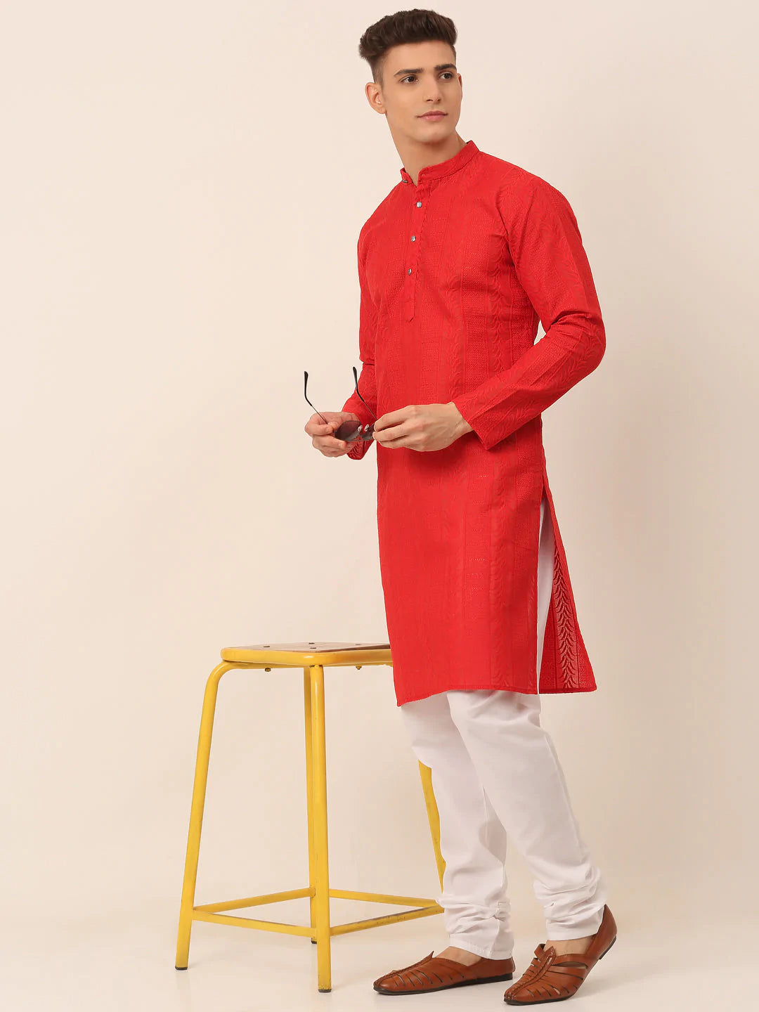 Men's Pure Cottom Embroidered Kurta Pyjama Set ( JOKP 660 Red )
