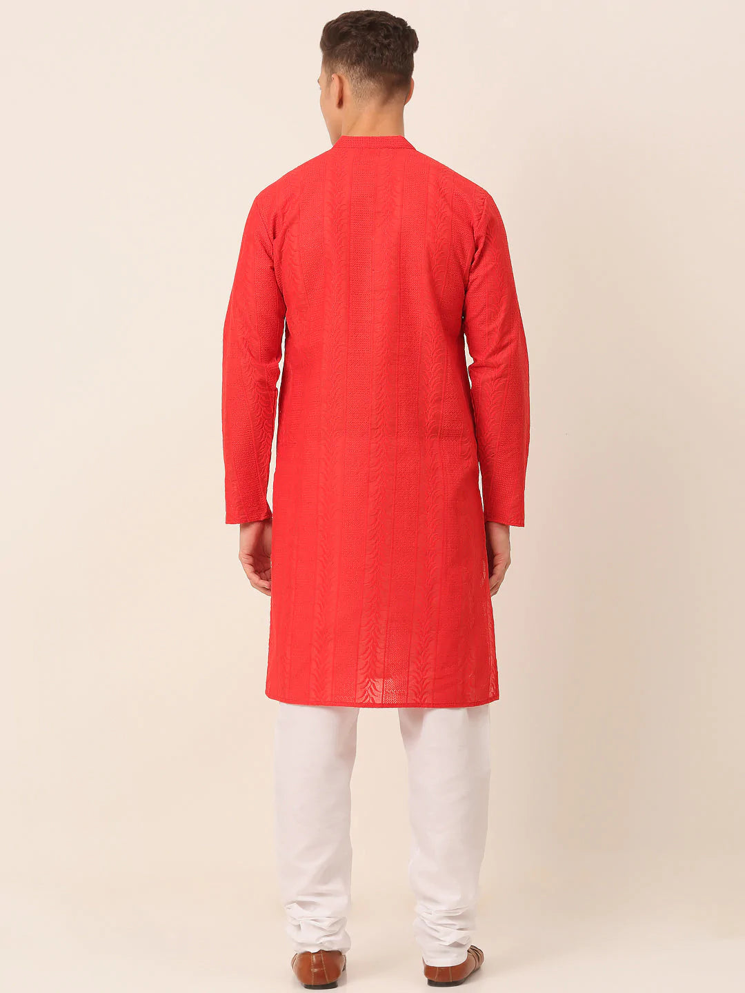Men's Pure Cottom Embroidered Kurta Pyjama Set ( JOKP 660 Red )