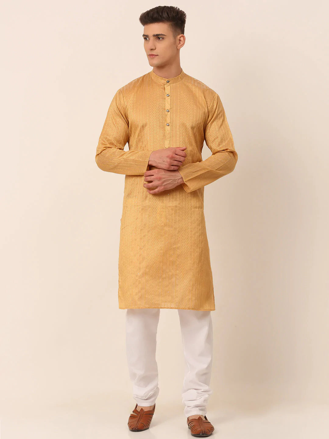 Men's Silk Blend Sequence Embroidered Kurta Pyjama Set ( JOKP 661 Beige )