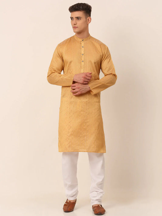 Men's Silk Blend Sequence Embroidered Kurta Pyjama Set ( JOKP 661 Beige )