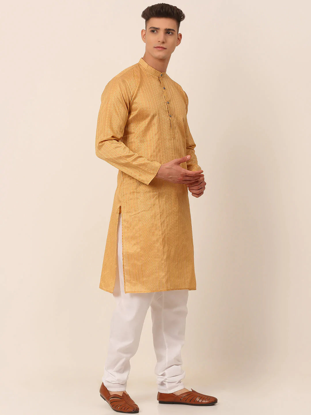 Men's Silk Blend Sequence Embroidered Kurta Pyjama Set ( JOKP 661 Beige )