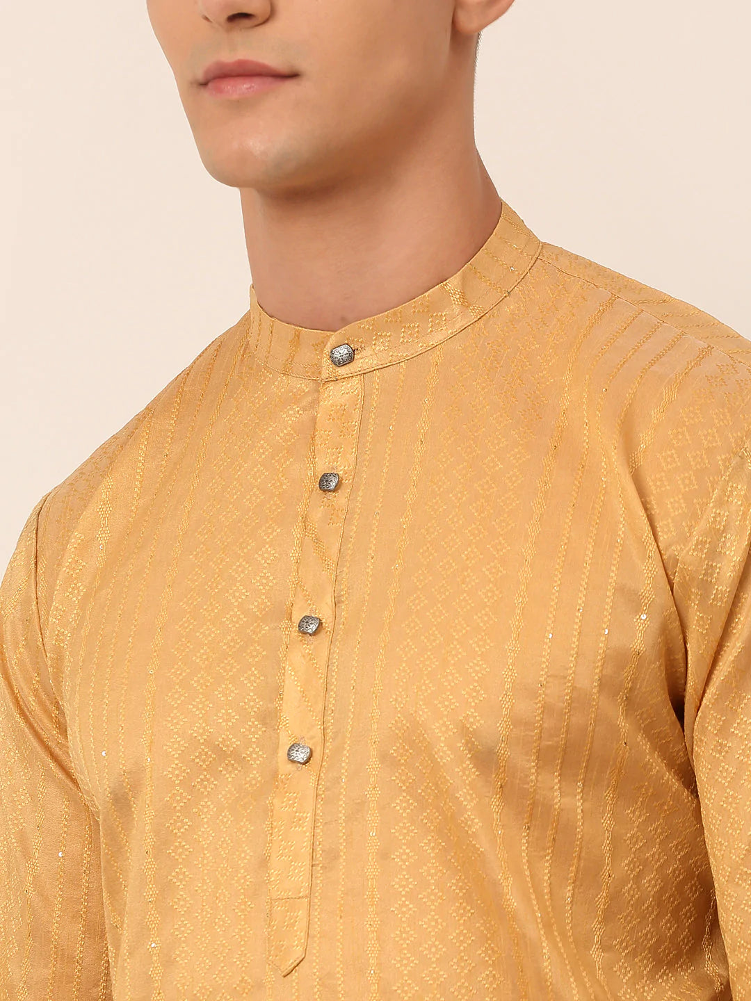 Men's Silk Blend Sequence Embroidered Kurta Pyjama Set ( JOKP 661 Beige )