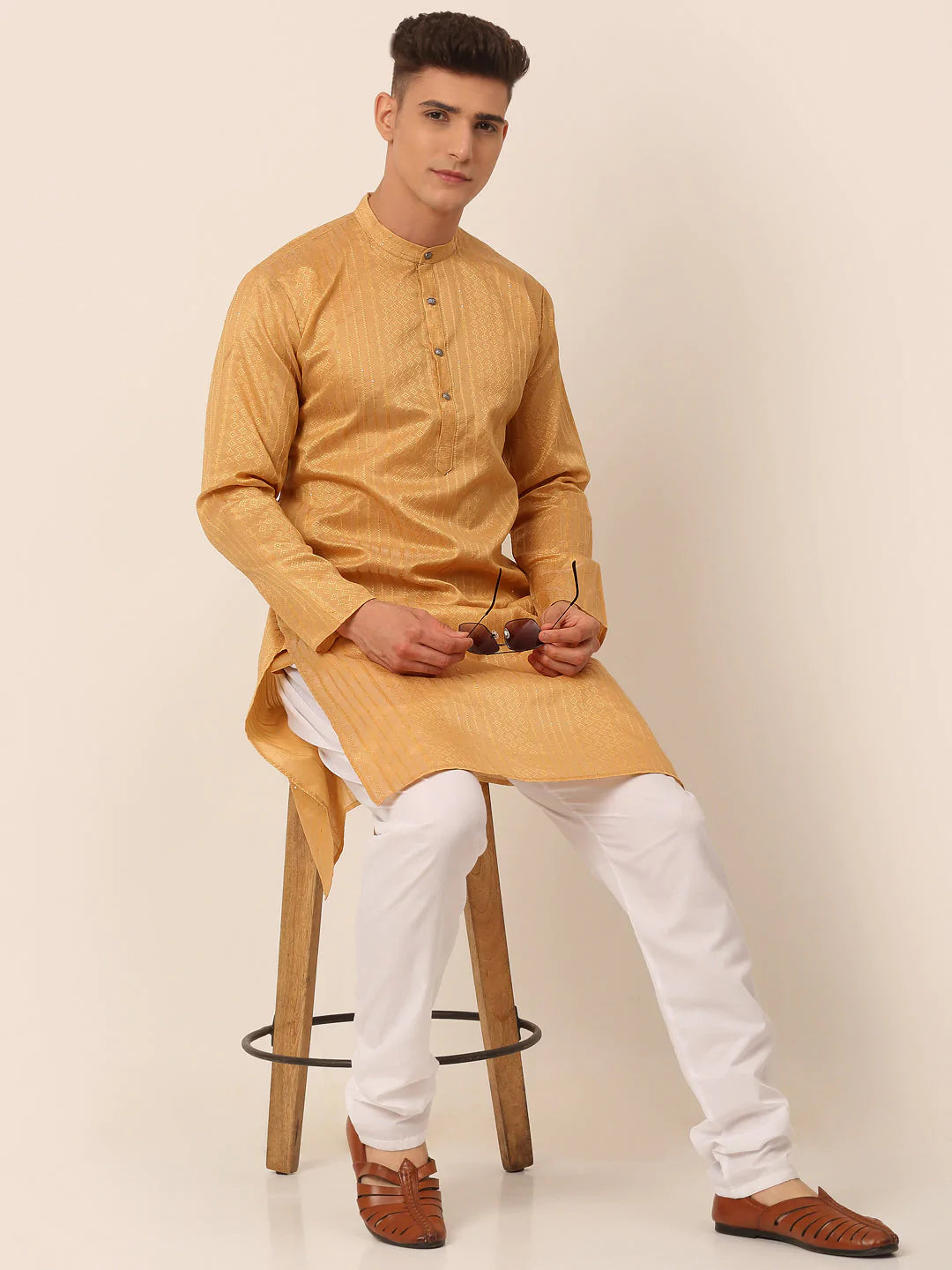 Men's Silk Blend Sequence Embroidered Kurta Pyjama Set ( JOKP 661 Beige )