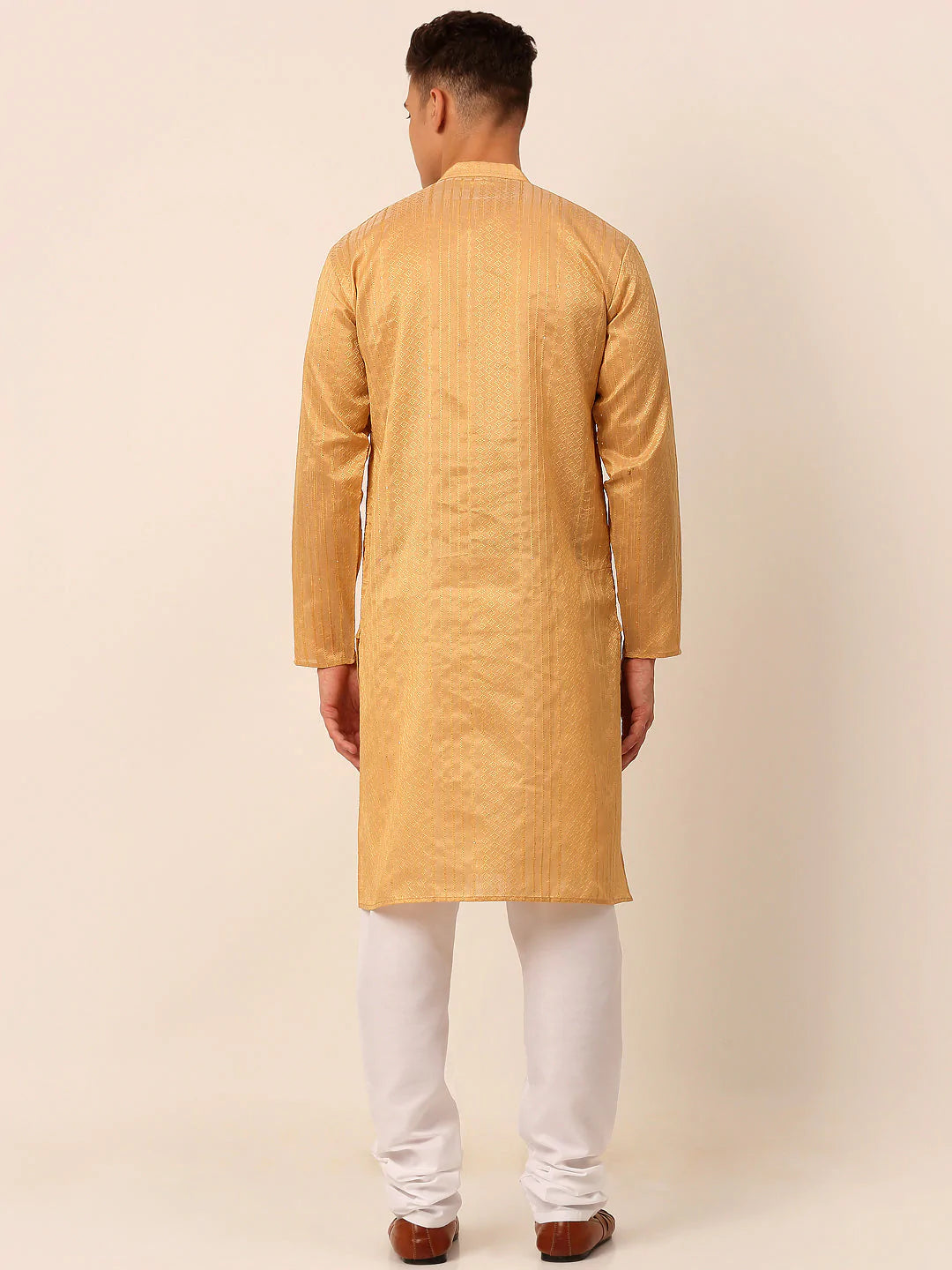 Men's Silk Blend Sequence Embroidered Kurta Pyjama Set ( JOKP 661 Beige )