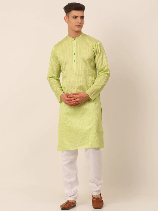 Men's Silk Blend Sequence Embroidered Kurta Pyjama Set ( JOKP 661 Green )