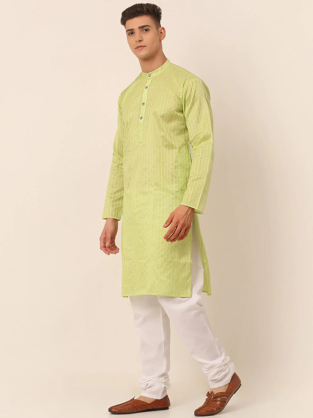 Men's Silk Blend Sequence Embroidered Kurta Pyjama Set ( JOKP 661 Green )