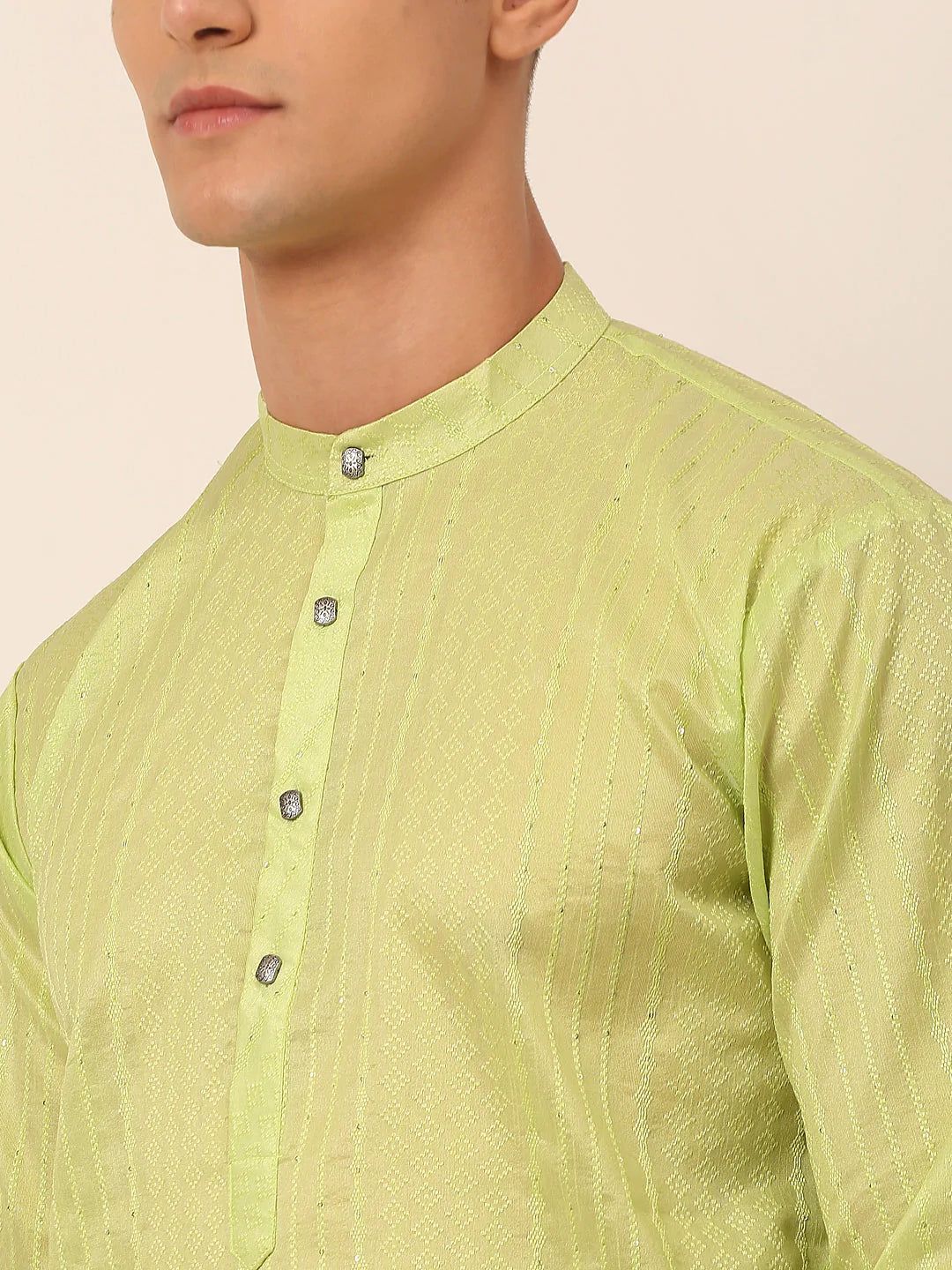 Men's Silk Blend Sequence Embroidered Kurta Pyjama Set ( JOKP 661 Green )