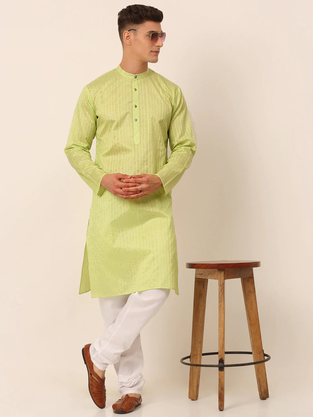 Men's Silk Blend Sequence Embroidered Kurta Pyjama Set ( JOKP 661 Green )